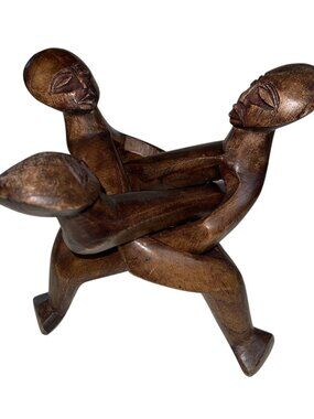 African Carved Wood 3 Head Unity Interlocking Sculpture Brown Tribal Figure